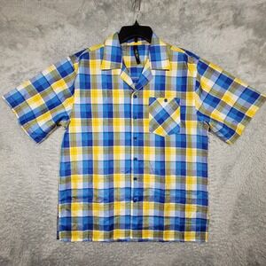 True Rock Mens Plaid Button Down Short‎ Sleeve Camp Shirt Size L Blue Yellow